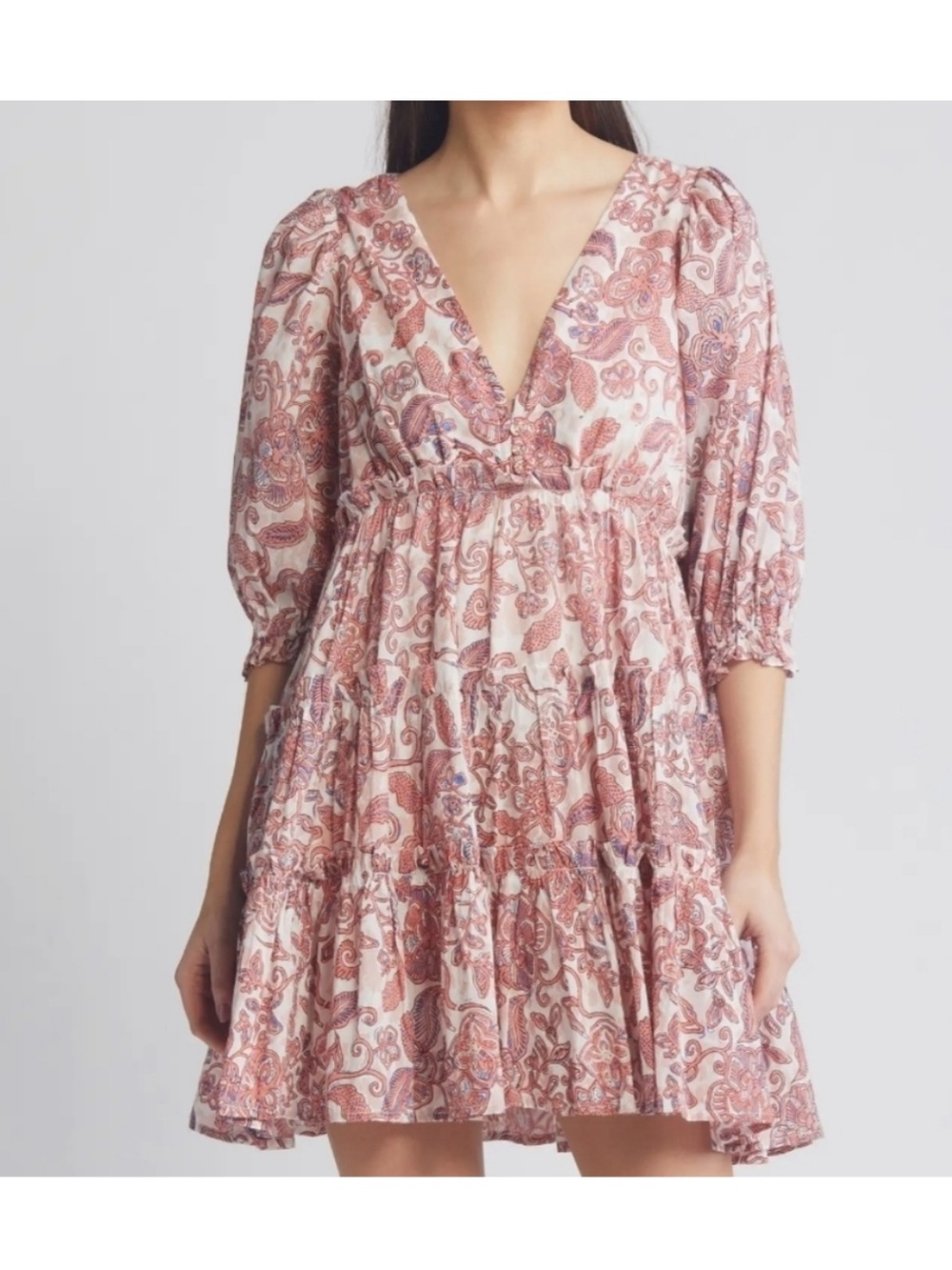 Cleobella Lavinia Pink Cotton Voile Mini Dress Mara Floral Puff Sleeve Size M